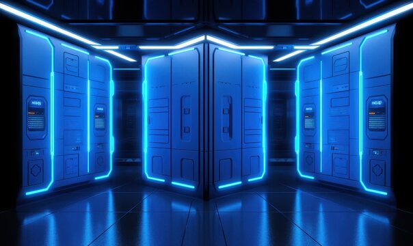 Futurystyczne centrum danych, niebieskie oświetlenie LED, serwery, technologia, innowacja