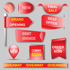 A set of sale banners. Red tags, stickers.