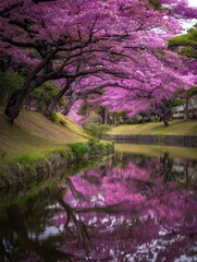 Lush pink blossoms reflected in a tranquil waterway.