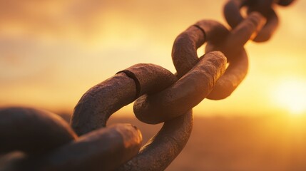Close-up of a rusty chain link against a golden sunset, symbolizing strength and resilience