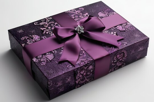 A royal purple gift box with a matching purple ribbon tied in a bow, decorated with silver glitter and intricate lace patterns for an elegant celebration  - Powered by Adobe