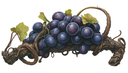 A cluster of dark purple grapes attached to a vine. Detailed depiction of the grapes' texture and the vine's intricate woody structure