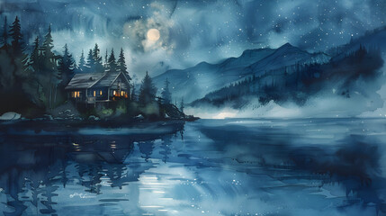 Fototapeta premium Lakeside Cabin Under moonlight Reflection