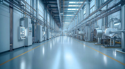 Clean, modern industrial interior with machinery, pipes and control panels stretches into a bright vanishing point