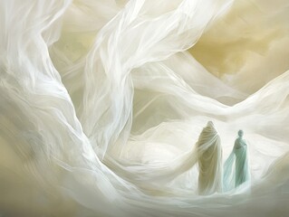 Obraz premium beige brown waving lines texture background illustration for web design banner. Abstract fluid waves of fog or smoke with soft glowing light. silhouette of couple against an abstract backdrop