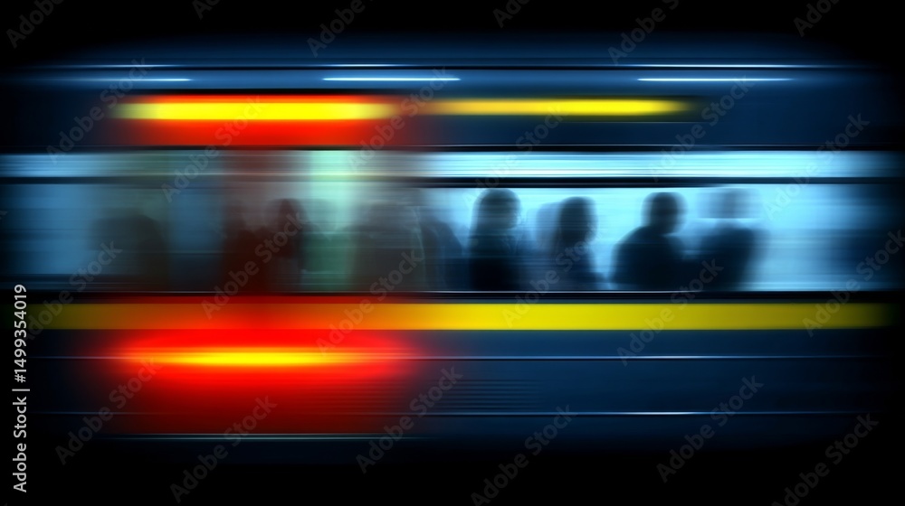 Poster blurred motion of a train with colorful lights in a dynamic urban scene