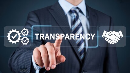 Businessman points to transparency concept on a touch screen.