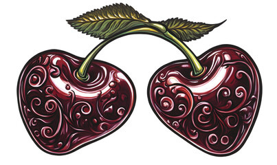 Two stylized cherries, ornate design