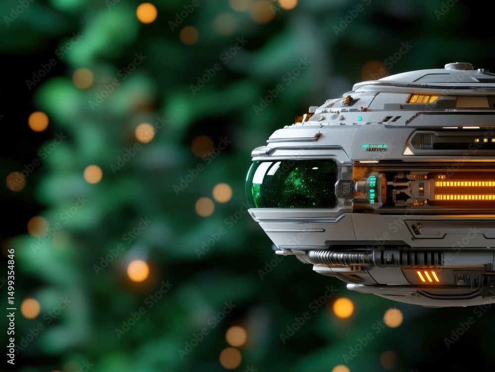 Poster a futuristic spaceship model appears ready for interstellar travel amidst a blurred backdrop, creati