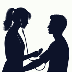  minimal vector silhouette of a female doctor checking blood pressure of a patient, side view, white background