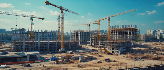 Large Scale Urban Construction Site with Multiple Cranes, Concrete Structures, Steel Frames, and City Skyline Under Blue Sky