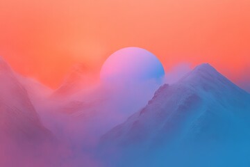 Surreal sunset over misty mountains with gradient overlay design