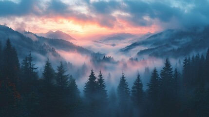 Wide-angle photo of lush forest shrouded in rolling fog with a mystical atmosphere at twilight