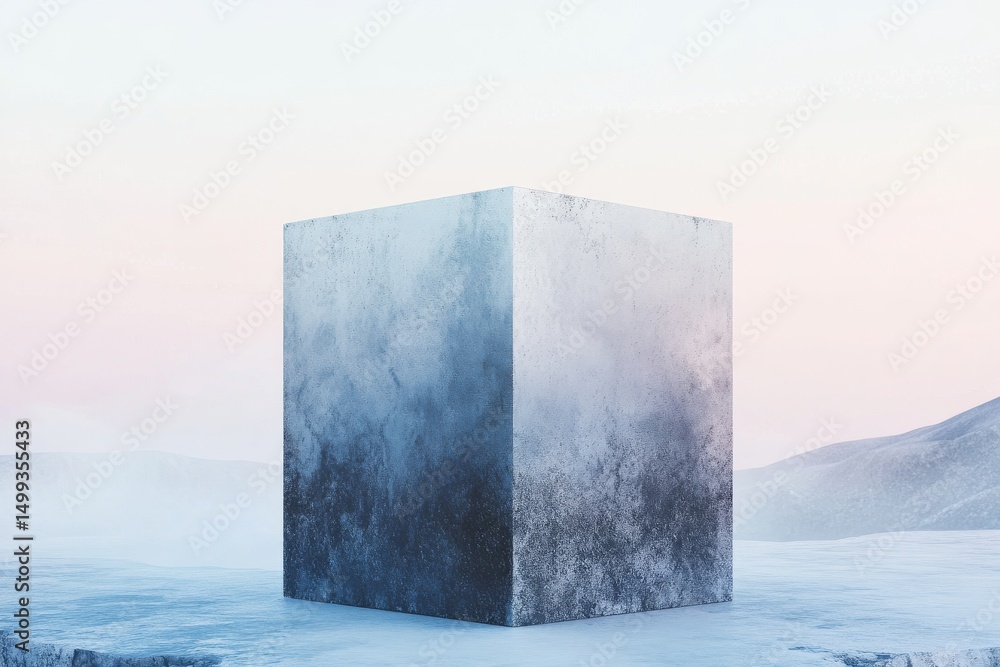 Poster minimalist grunge cube with gradient colors in abstract outdoor setting