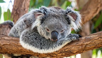 Serene koala resting peacefully on a sturdy branch amidst lush greenery