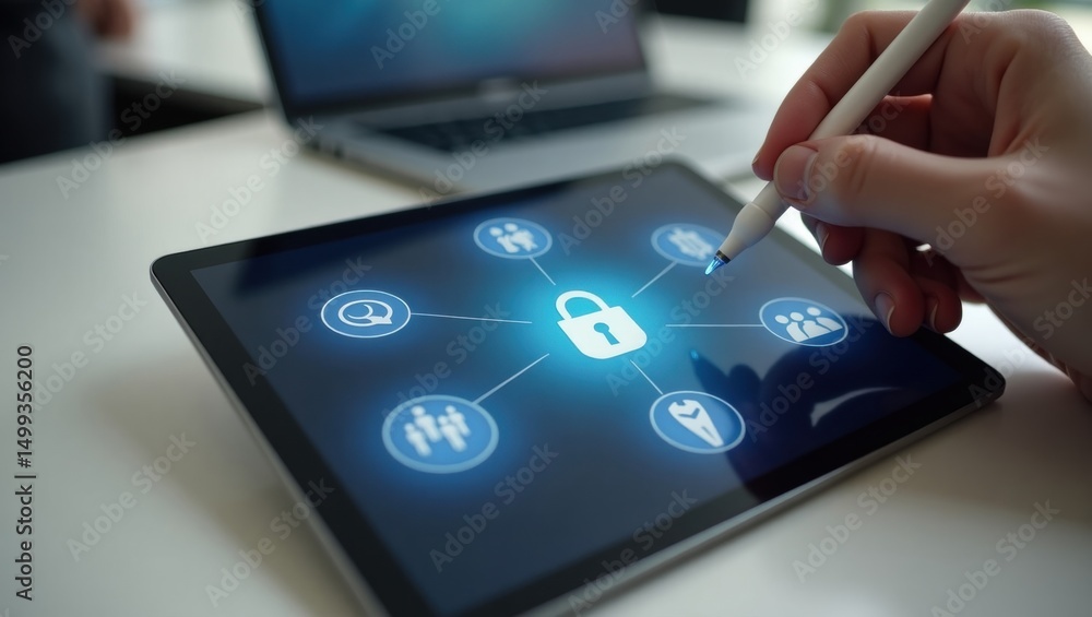 Aufkleber digital security interface displayed on a tablet.