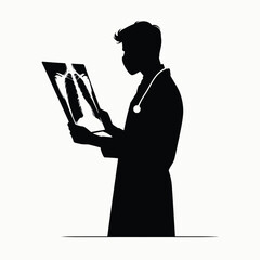 pure black silhouette of a doctor reading an x ray film, standing posture, minimal style on white background
