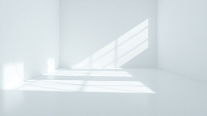 Obraz premium Empty white room studio with leaves shadow overlay effect for product presentation display. Cosmetic beauty fashion showroom. Morning sunlight through the window. Minimal Mock up interior background