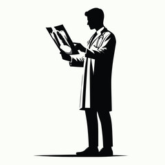 pure black silhouette of a doctor reading an x ray film, standing posture, minimal style on white background