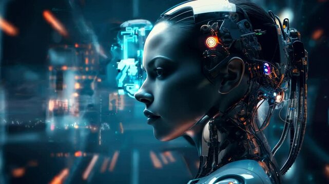 Portrait of a woman symbolically turning into virtual human, virtual character, or digital clone, using computer-generated from the real persona. AI artificial intelligence