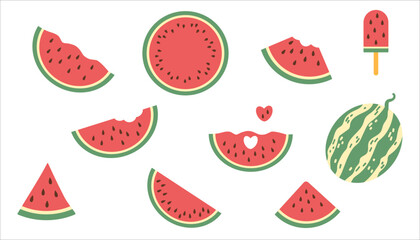 Flat watermelon set. Vector cartoon collection of ripe fruit pieces, halved and triangular slices, whole watermelons, rind, seed.