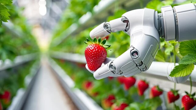 Robotic arm harvesting strawberries in hightech greenhouse setting