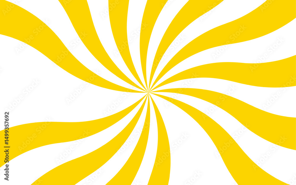 Poster abstract design with radial swirl pattern with alternating yellow and white curved rays and toward c