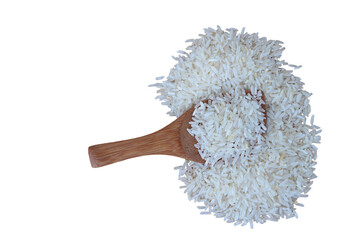 Heap of uncooked organic white rice grain in a wooden spoon, perfect for healthy vegetarian cuisine