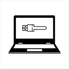 USB cable connector line icon on laptop isolated on black and white background.