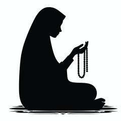 Vector Silhouette of Muslim Girl in Hijab Reciting Tasbih Minimal Black Art on White Background