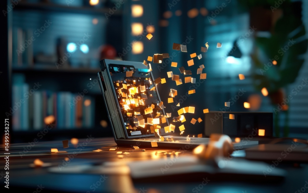 Poster a captivating 3d render showcases a dynamically positioned firm with glowing elements trending in di