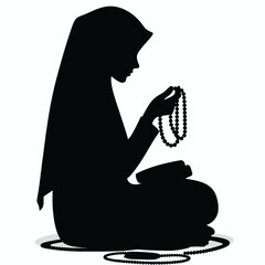 Vector Silhouette of Muslim Girl in Hijab Reciting Tasbih Minimal Black Art on White Background