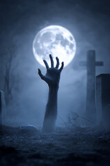 A zombie hand rising out of the dirty floor at the graveyard in eerie misty and full moon night. Undead, Horror and Halloween concept
