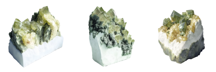 Set of various Epidote on prehnite mineral stone render isolated on transparent background