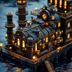 Leeyongjay's captivating steampunk vision showcases a miniature train-like structure positioned to the left, illuminated with warm, golden lights, trending online.