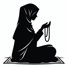 Vector Silhouette of Muslim Girl in Hijab Reciting Tasbih Minimal Black Art on White Background