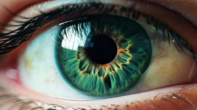 Green futuristic eye in modern technologies. Abstract high technology its concept. Sensor implanted in a person
