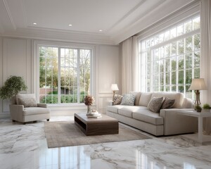 Elegant Living Room with Marble Floor and Large Windows