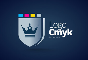 Logo Shield and Crown. CMYK Printing theme. Template design vector. Black background.