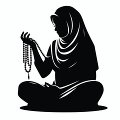 Vector Silhouette of Muslim Girl in Hijab Reciting Tasbih Minimal Black Art on White Background