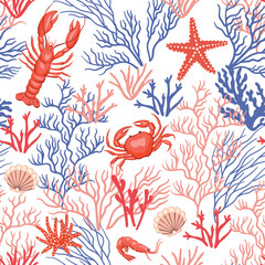 Underwater ocean world seamless pattern. Lobster, crab, shrimp, starfish, coral reefs wallpaper.	