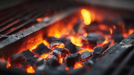 Glowing charcoal embers on a grill, radiating warmth and energy, perfect for outdoor cooking moments.