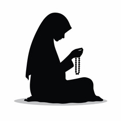 Vector Silhouette of Muslim Girl in Hijab Reciting Tasbih Minimal Black Art on White Background