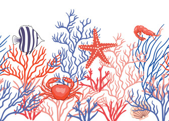 Underwater ocean world seamless border. Fish, crab, shrimp, starfish, coral reefs mural.	