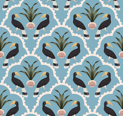 Exotic bird, shell, plant, arch seamless pattern blue background. Floral botanical jungle wallpaper.