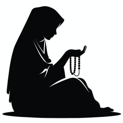 Vector Silhouette of Muslim Girl in Hijab Reciting Tasbih Minimal Black Art on White Background