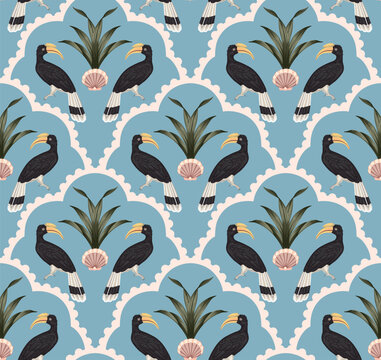 Exotic bird, shell, plant, arch seamless pattern blue background. Floral botanical jungle wallpaper.