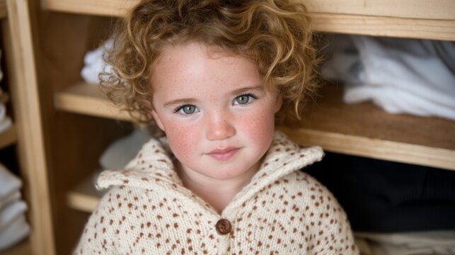 Close-up of a young girl with curly hair and blue eyes looking directly at the camera