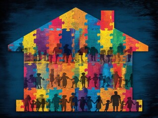Fototapeta premium Colorful House Silhouette with Puzzle Pieces and Diverse Silhouettes