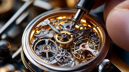 Detailed view of a watchmaker meticulously working on an intricate timepiece mechanism